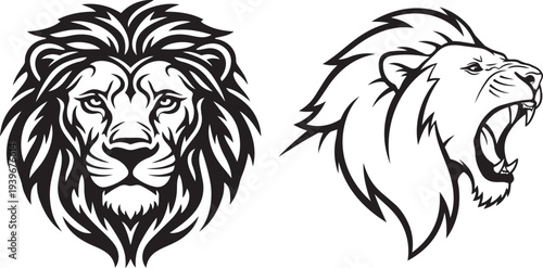 Majestic lion head illustrations featuring a front view symmetrical mane design and a side profile roaring lion mascot for sports and branding logo