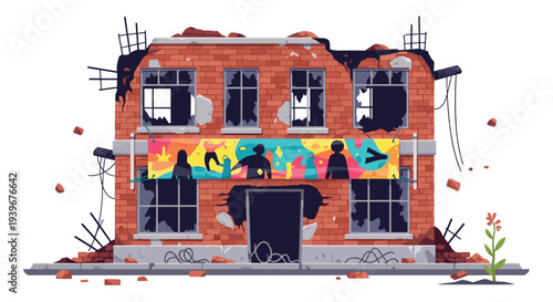 A severely damaged two-story brick building with exposed rebar and broken windows features a colorful banner with silhouettes, set against a pristine white background.
