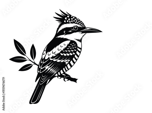 Vector of a kingfisher perched on a branch with leaves