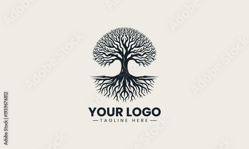 Detailed oak tree with deep roots represents life growth concept strong and organic