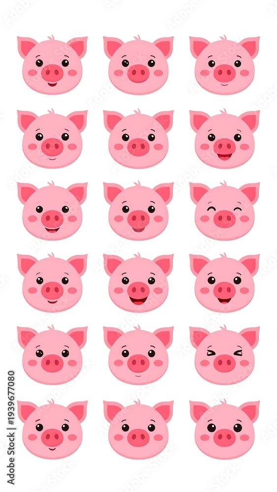 Obraz premium A collection of stylized, cartoon pig faces, each displaying a different emotion on a white background. These include smiles and winks