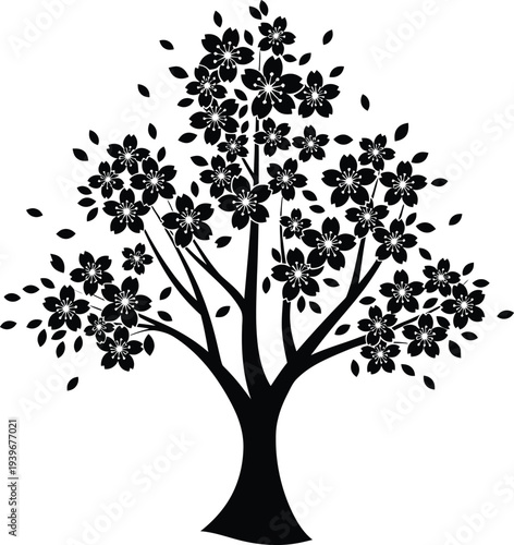 Silhouette vector of a tree with intricate branches and blossoming flowers
