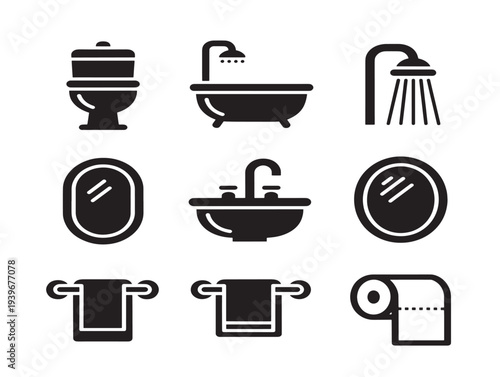 Minimalist bathroom icons set with toilet, bathtub, and shower