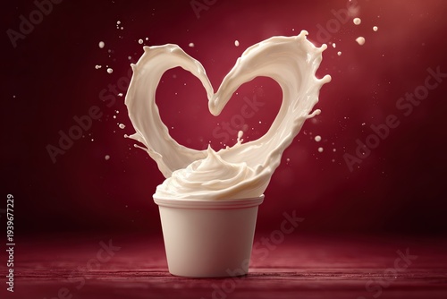 Creamy yogurt splash forming heart shape above cup on red background. Romantic dairy concept with dynamic liquid motion, studio lighting and minimal composition. Love, valentine and food advertising.