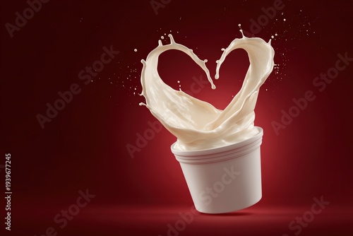 Smooth cream splash shaped like heart above yogurt cup on red background. Minimal food composition with glossy liquid texture. Romantic valentine concept for dairy product advertising.