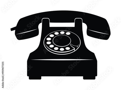 Black silhouette vector of a vintage rotary dial telephone with a handset placed on top