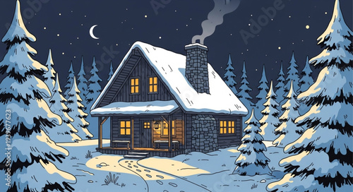 Cozy Snow-Covered Cabin in Winter Forest Scene.