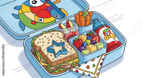 Colorful Childrens Lunch Box with Snacks and Sandwiches.