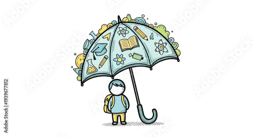 Child Holding Umbrella Under Rainy Weather Illustration.