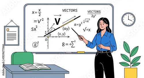 Female Teacher Explaining Mathematical Equations in Classroom.