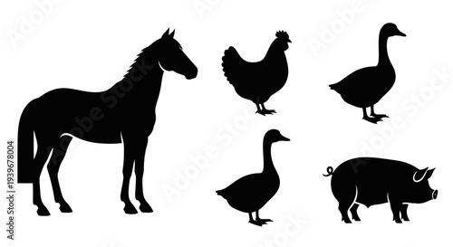 Farm Animals Silhouettes Set: Horse, Chicken, Geese, Pig Vector Icons
