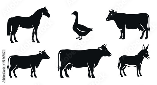 Farm Animals Silhouettes Set: Horse, Goose, Cows, Donkey Livestock Icons