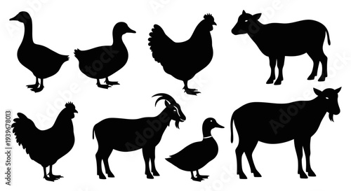 Farm Animals Silhouettes Set: Livestock Collection Including Goose, Duck, Chicken, Sheep, and Goat