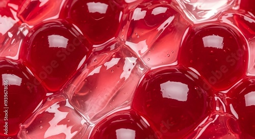 Close-up of shiny red gel or candy balls in a honeycomb pattern, sweet treats with glossy finish
