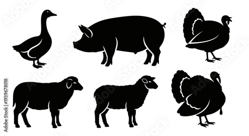 Farm Animals Silhouettes Set: Livestock Icons Including Goose, Pig, Turkey, Sheep