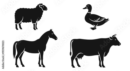 Farm Animals Silhouettes Set: Sheep, Duck, Horse, Cow Icons