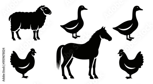 Farm Animals Silhouettes Set: Sheep, Geese, Horse, and Chickens Icons