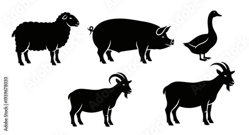 Farm Animals Silhouettes Set: Sheep, Pig, Goose, and Goats Vector Collection