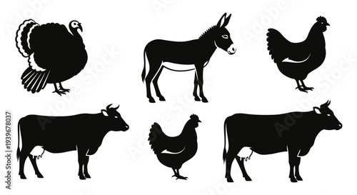Farm Animals Silhouettes Set: Turkey, Donkey, Cows, and Chickens