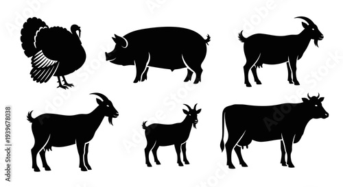 Farm Animals Silhouettes Set: Turkey, Pig, Goats, and Cow Icons