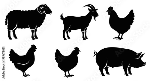 Farm Animals Silhouettes: Sheep, Goat, Pig, and Chickens Vector Icon Set
