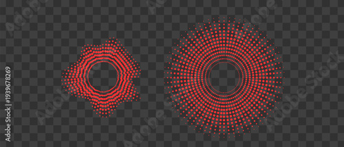 Two abstract circular patterns composed of red dots on a transparent background