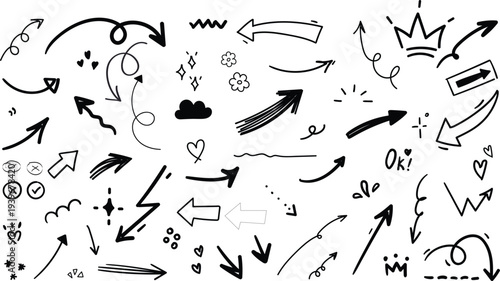 Set of hand-drawn doodle elements, arrows, hearts, crowns, and decorative symbols isolated on white background