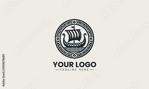 Black Viking ship inside ornamental circle represents strong maritime heritage brand identity concept in clean minimalist vector logo illustration isolated on white background