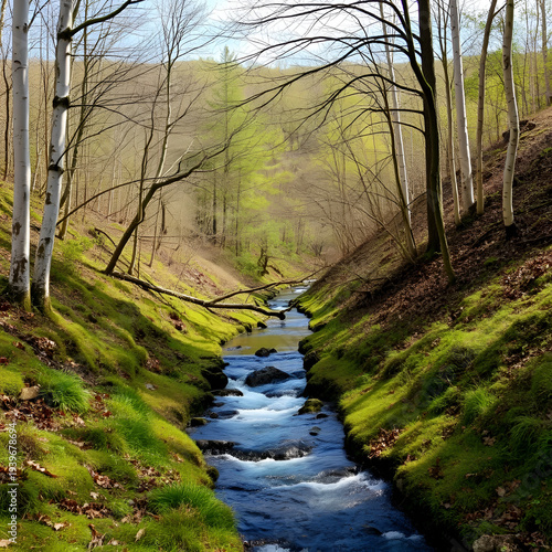 Quick brook running between poplar and lurch trees over hill slope