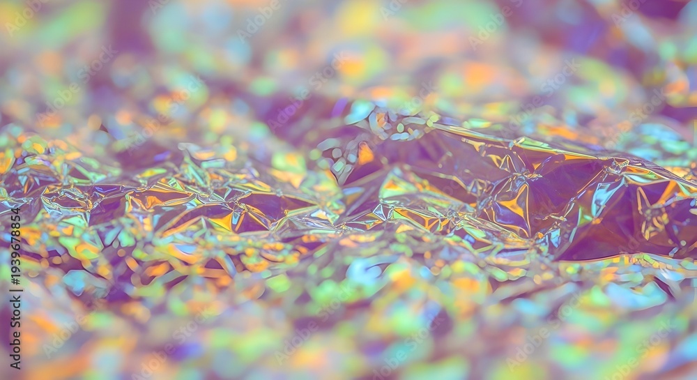 Fototapeta premium Holographic foil texture with rainbow colors and purple hue, shiny reflective surface, abstract background with iridescent effect
