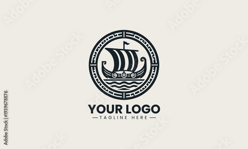 Black Viking ship inside ornamental circle represents strong maritime heritage brand identity concept in clean minimalist vector logo illustration isolated on white background