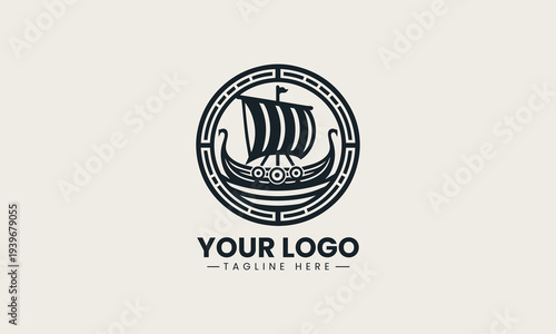 Black Viking ship inside ornamental circle represents strong maritime heritage brand identity concept in clean minimalist vector logo illustration isolated on white background