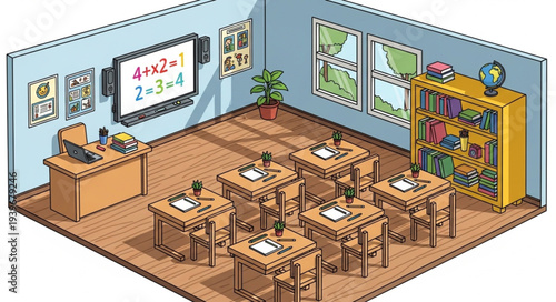 Empty Classroom with Desks and Educational Materials.