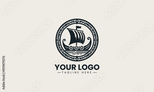 Black Viking ship inside ornamental circle represents strong maritime heritage brand identity concept in clean minimalist vector logo illustration isolated on white background