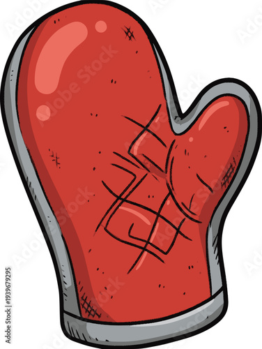 oven miter glove in a hand drawn cartoon style with colored fill and black simulated lines, creating a crisp image with subtle textures for a unique painterly effect