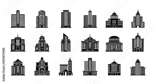 Collection of diverse black and white architectural icons depicting various historical government structures and modern skyscraper silhouettes suitable for urban design projects.