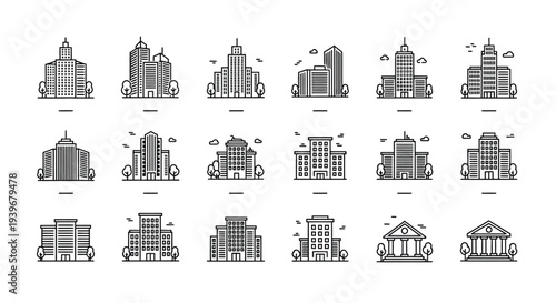 Collection of minimalist black and white outline icons depicting various types of urban buildings including skyscrapers office towers and classic government structures for design projects