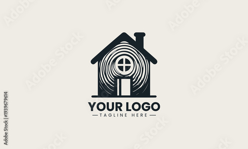 Black tree house silhouette with window and door represents eco living brand identity concept in clean minimalist vector logo design isolated on white background