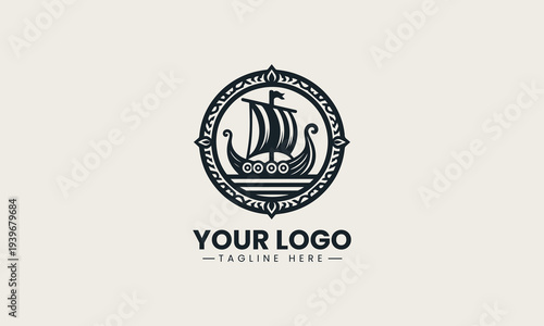 Black Viking ship inside ornamental circle represents strong maritime heritage brand identity concept in clean minimalist vector logo illustration isolated on white background