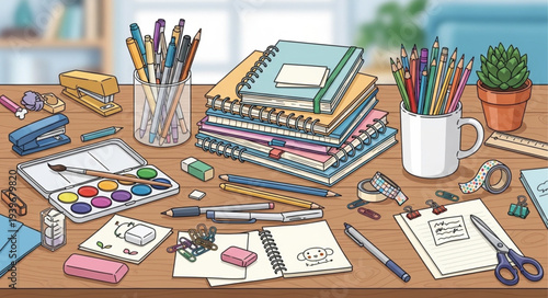 Creative Desk Workspace with Notebooks Pens and Art Supplies.