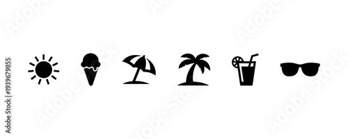 Summer beach icons sun ice cream umbrella palm drink sunglasses
