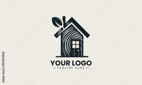 Black tree house silhouette with window and door represents eco living brand identity concept in clean minimalist vector logo design isolated on white background