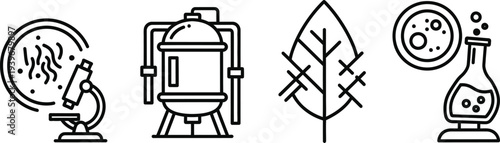 Scientific research icons depicting microscopy, industry, botany, and chemistry experiments