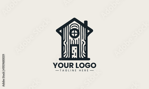 Black tree house silhouette with window and door represents eco living brand identity concept in clean minimalist vector logo design isolated on white background