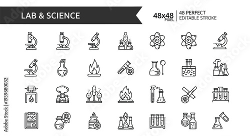 Collection of  distinct blackline art icons representing various scientific disciplines including chemistry biology physics astronomy and general research concepts for educational use