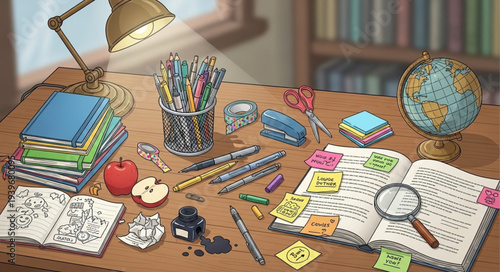 Messy Desk with Stationery and Office Supplies.