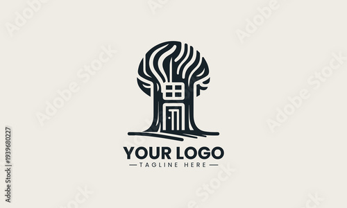Black tree house silhouette with window and door represents eco living brand identity concept in clean minimalist vector logo design isolated on white background