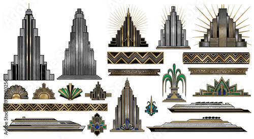 Art Deco Skyscraper Vector Elements Machine Age Geometric Patterns and Sunrise Burst Motifs
