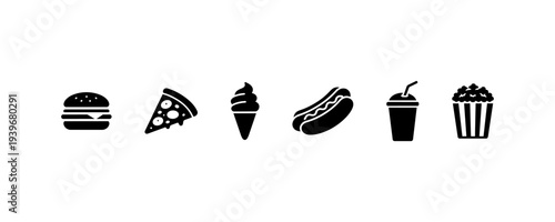 Fast food icons burger pizza ice cream hot dog soda popcorn