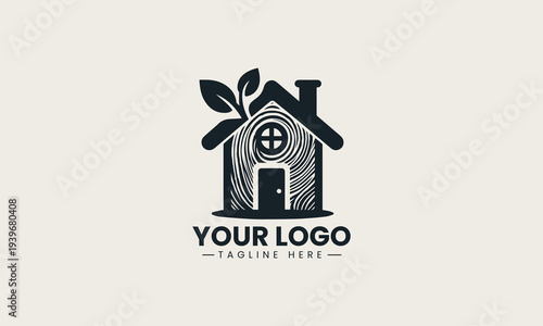 Black tree house silhouette with window and door represents eco living brand identity concept in clean minimalist vector logo design isolated on white background